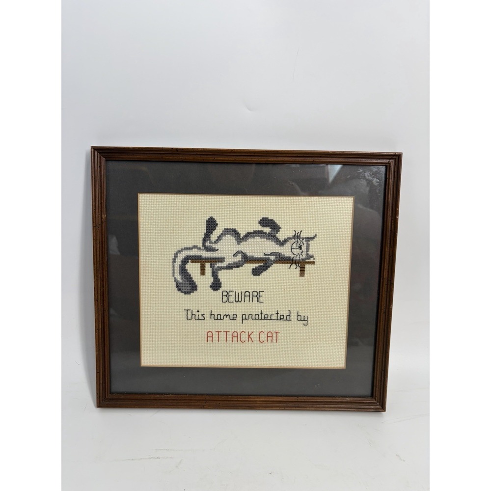 Vtg Attack Cat Cross Stitch Framed Folk Art Funny Cat Wall Decor 80s Handmade